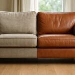 Szövet és bőr kanapé összehasonlítása nappaliban.