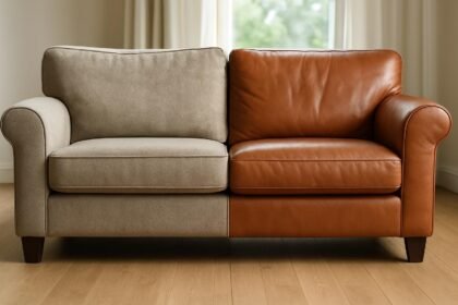 Szövet és bőr kanapé összehasonlítása nappaliban.