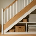 Praktikus tárolási megoldás lépcső alatt, kosarak és dobozok