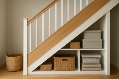 Praktikus tárolási megoldás lépcső alatt, kosarak és dobozok