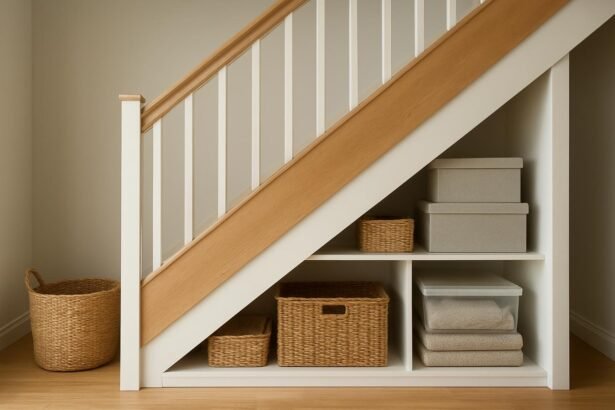 Praktikus tárolási megoldás lépcső alatt, kosarak és dobozok