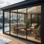 Modern teraszbeépítés téli kerti nappalival és kényelmes bútorokkal