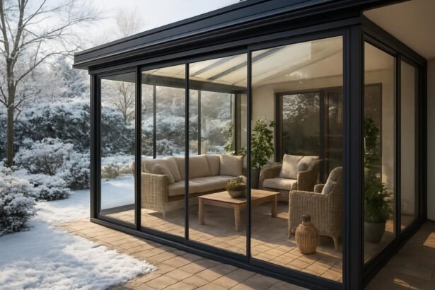 Modern teraszbeépítés téli kerti nappalival és kényelmes bútorokkal