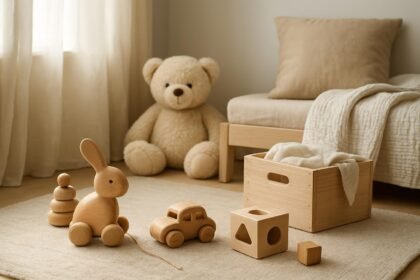 Fa játékok és pamut textílek gyerekszobában