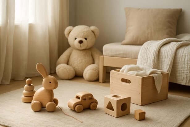 Fa játékok és pamut textílek gyerekszobában