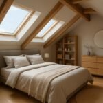 Tetőtéri hálószoba berendezése modern bútorokkal és világos stílussal.