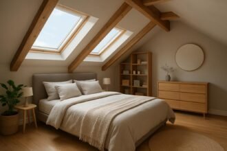 Tetőtéri hálószoba berendezése modern bútorokkal és világos stílussal.