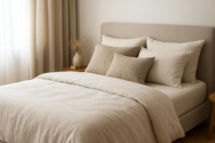 Hálószobai textíliák: ágyneműk és díszpárnák bézs színben