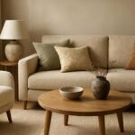 Modern nappali kényelmes bútorokkal és textúrákkal.