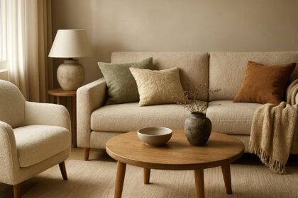 Modern nappali kényelmes bútorokkal és textúrákkal.