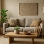 Kényelmes nappali újrahasznosított anyagokkal és stílusos bútorokkal