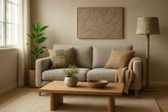 Kényelmes nappali újrahasznosított anyagokkal és stílusos bútorokkal