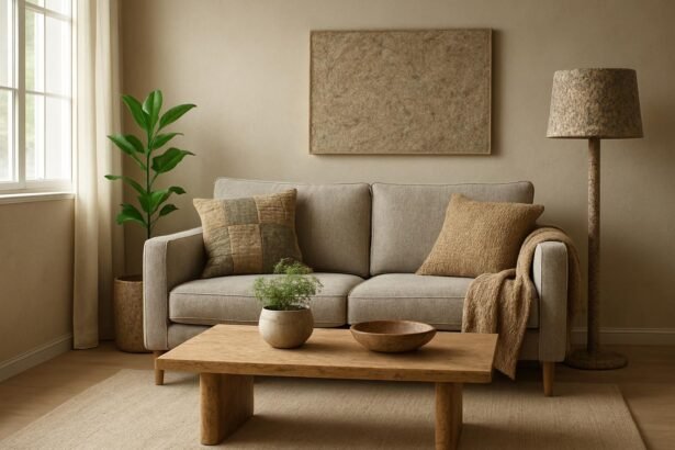 Kényelmes nappali újrahasznosított anyagokkal és stílusos bútorokkal