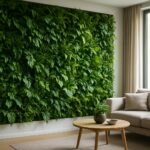 Zöld fal vertikális kerttel a lakásban, modern bútorokkal.