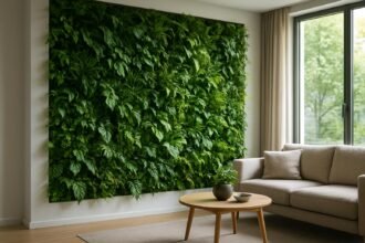 Zöld fal vertikális kerttel a lakásban, modern bútorokkal.