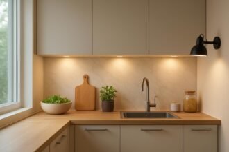 Modern konyhai munkapult világítás levéllel és fűszernövényekkel