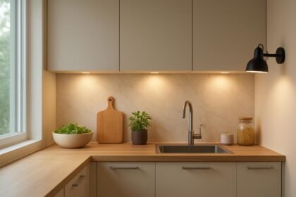 Modern konyhai munkapult világítás levéllel és fűszernövényekkel