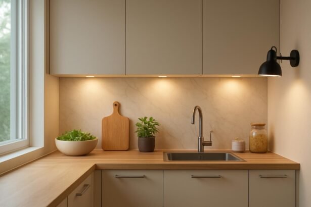 Modern konyhai munkapult világítás levéllel és fűszernövényekkel