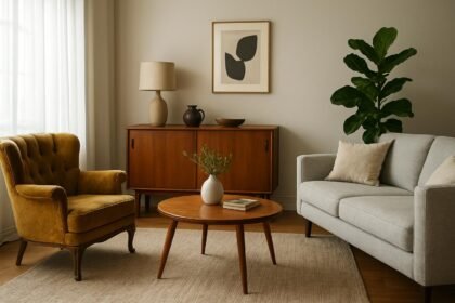 Vintage bútorok modern nappaliban, stílusos keverék
