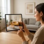 Nő virtuális tervezés használatával bútorok elrendezésének megtekintésekor.