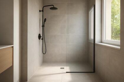 Modern walk-in zuhanyzó akadálymentes tervezéssel a fürdőszobában.