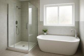 Modern fürdőszoba zuhanykabinnal és fürdőkáddal