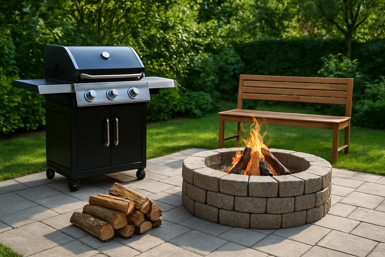 Hangulatos grillező és tűzrakó hely a kertben, családi összejövetelekhez.