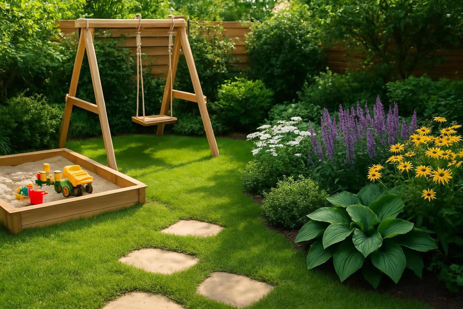 Gyerekbarát kert játszósarok hintával és homokozóval.