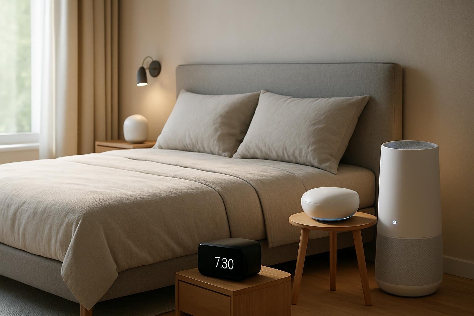 Modern hálószoba high-tech eszközökkel az alvásminőség javításához.