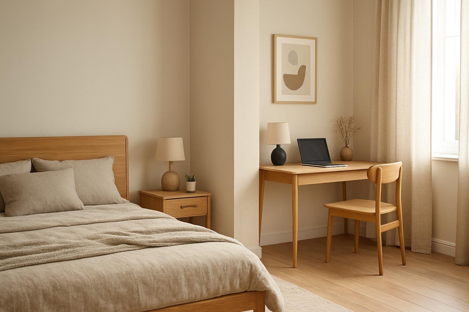 Esztétikus munkasarok és pihenőzóna hálószobában