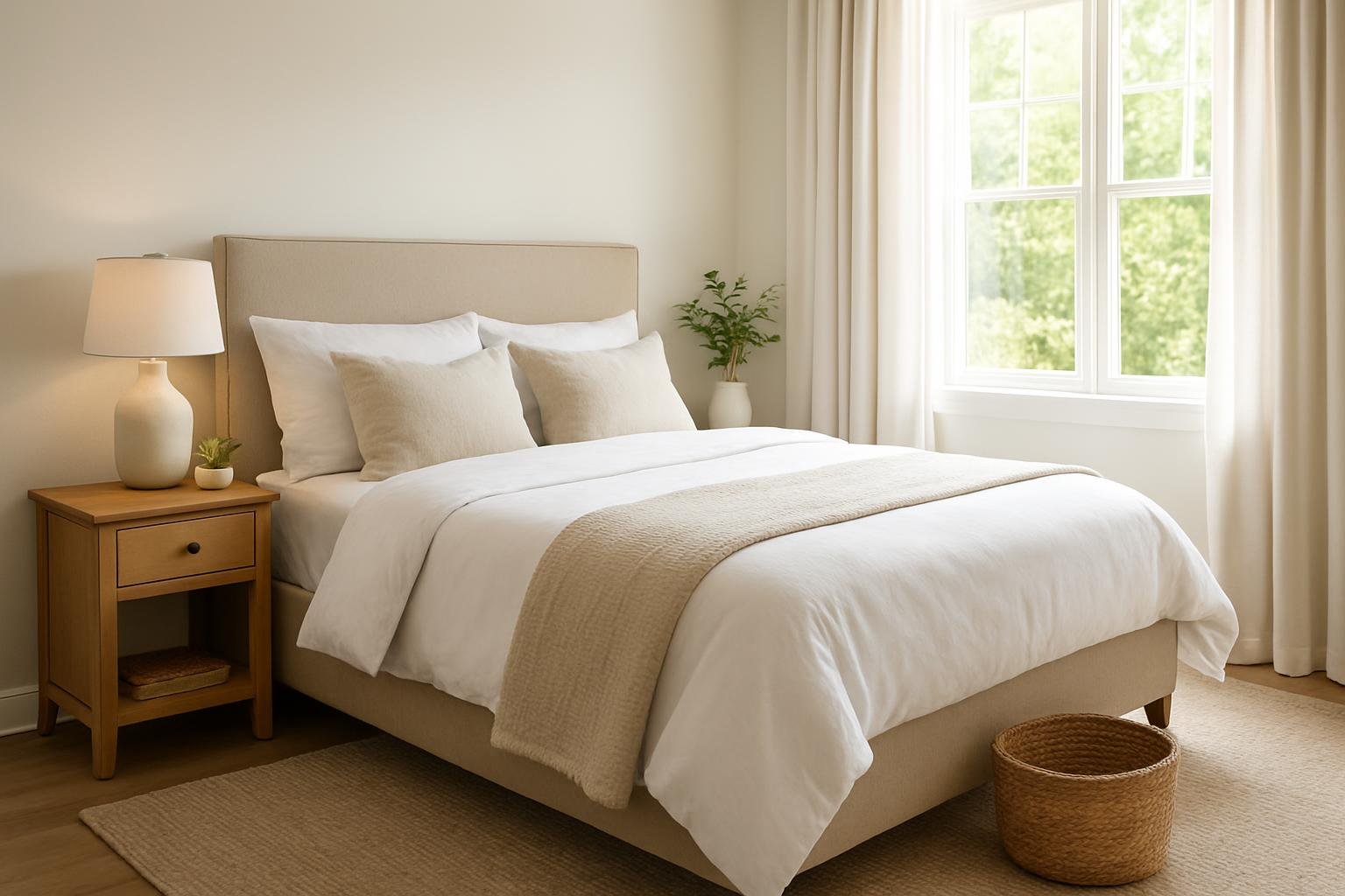 Tökéletes vendégszoba berendezése kényelmes ágyjal és világos dekorációval.