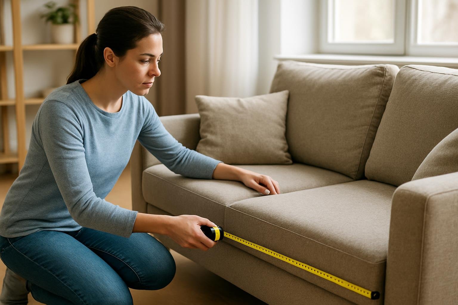 Nő bútor mérés közben lakberendezéshez