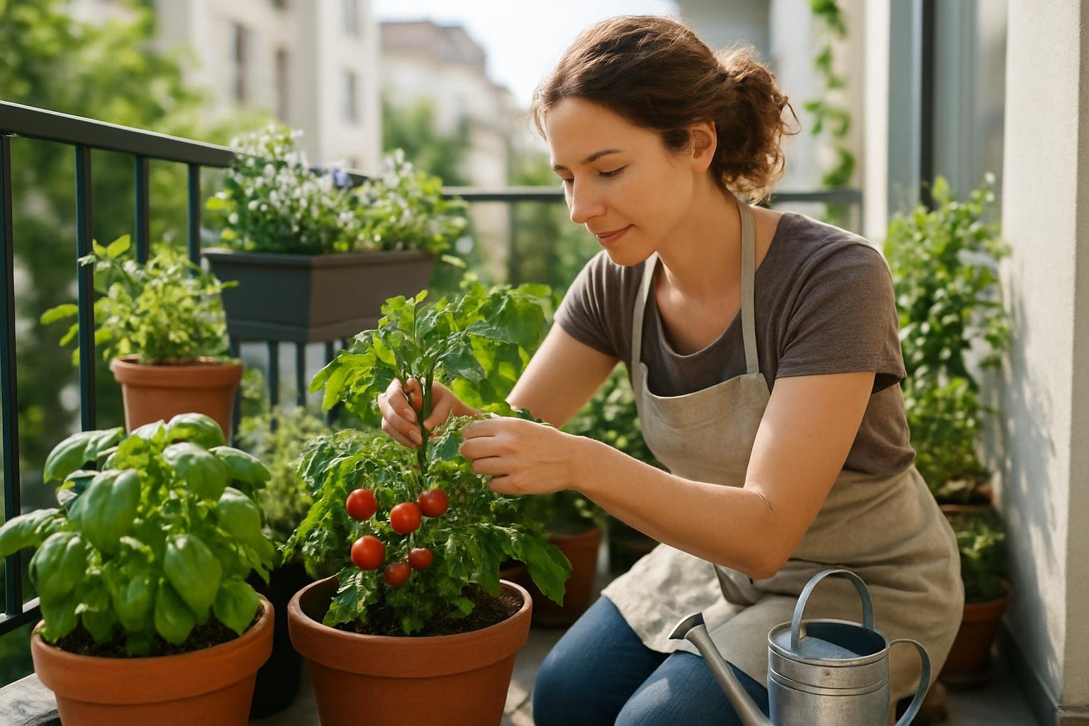 Nő kertészkedés a teraszon, friss paradicsomot gondoz.
