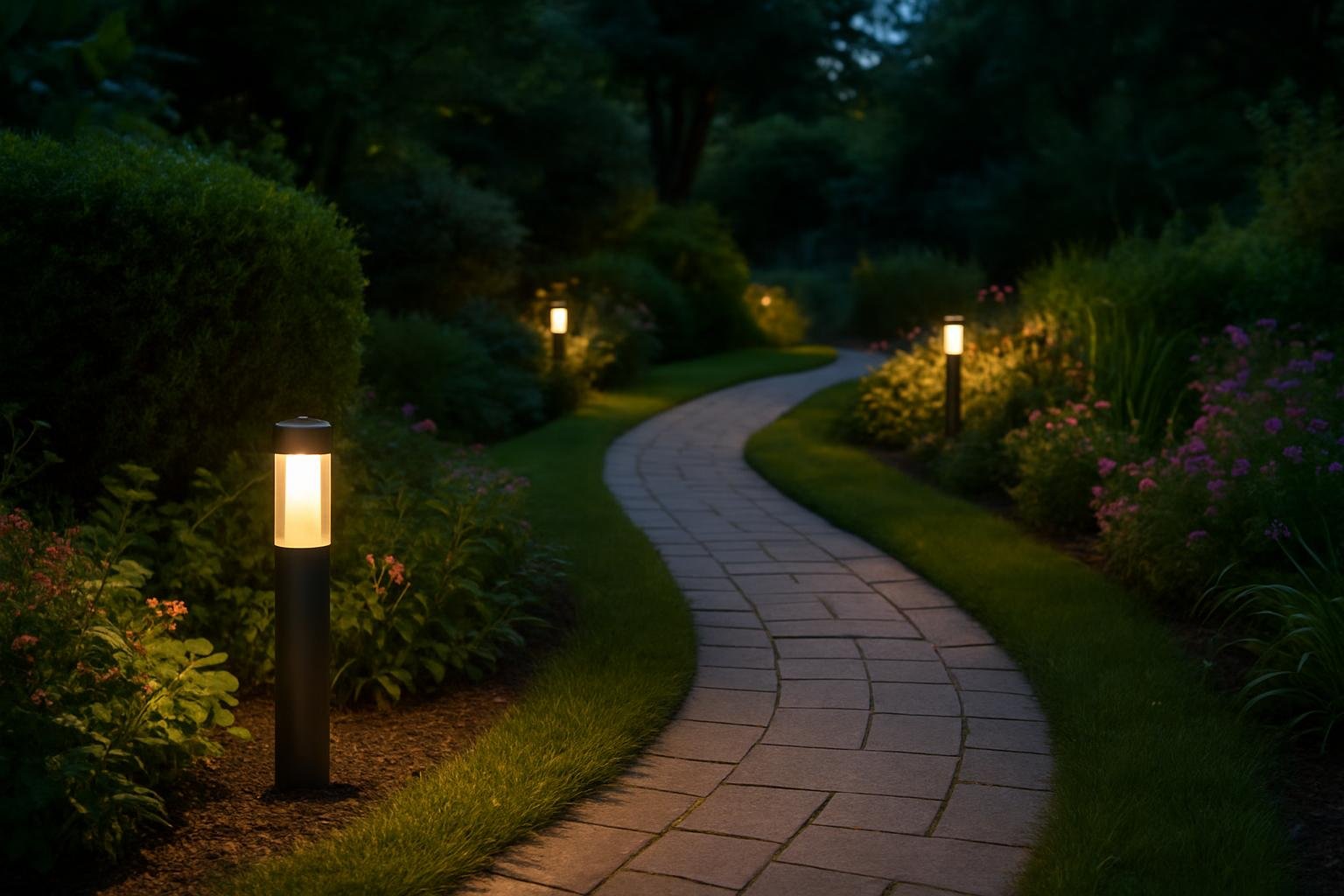 Kerti út világítás sötétben, fák és virágok között.