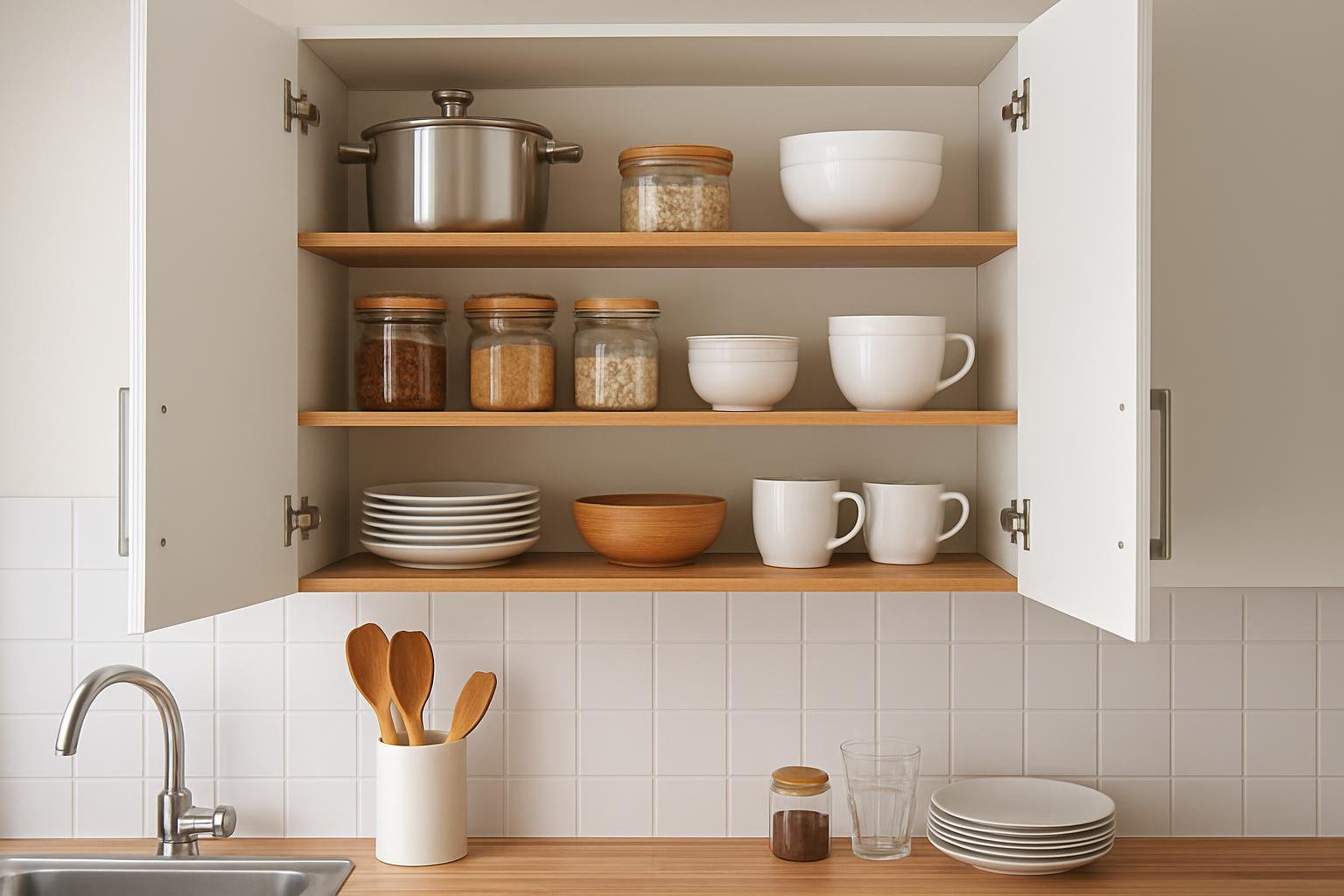 Rendezett konyhai szekrény tárolóedényekkel és edényekkel.