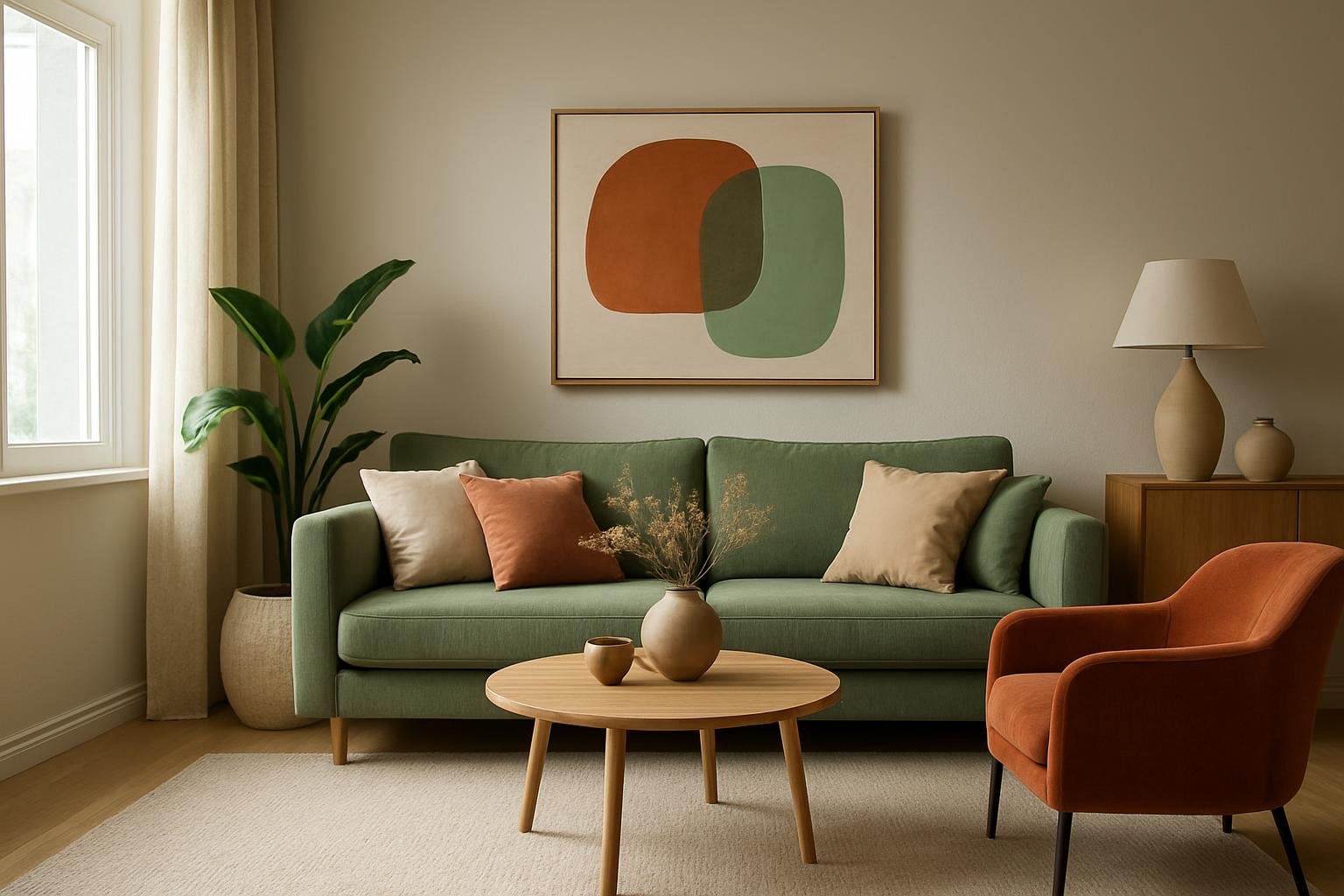 Modern lakásbelső 2026 színek és trendek, zöld kanapéval.