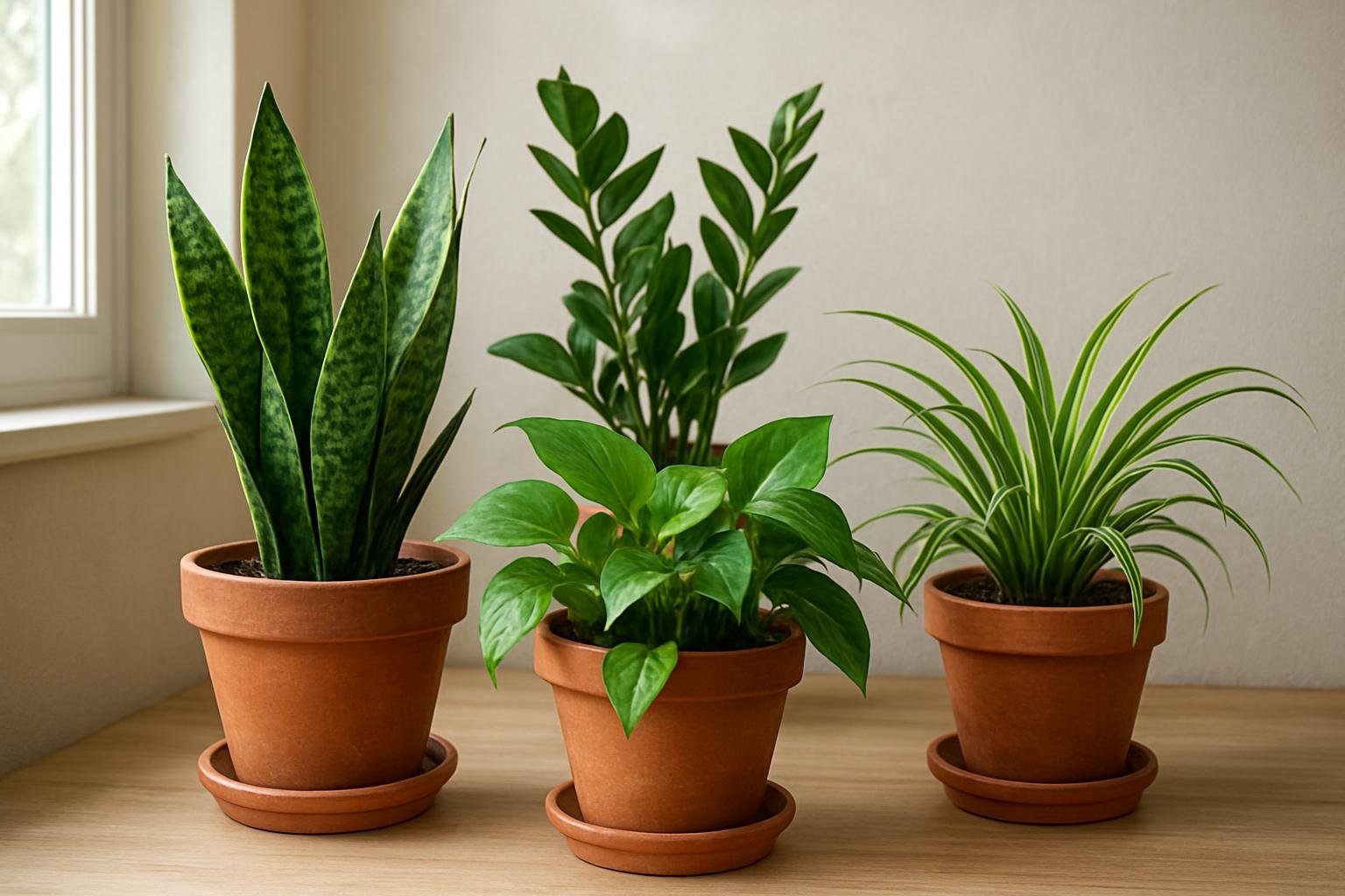 Három könnyen gondozható beltéri növény cserépben.