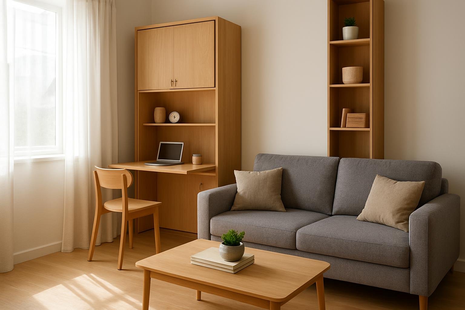 Modern multifunkciós bútorok kis lakásban, íróasztallal és kanapéval.