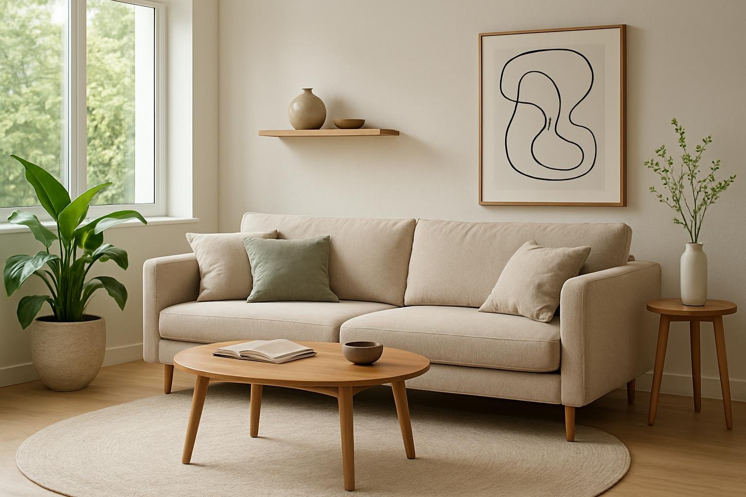 Modern nappali bútorok és növények a mentális egészségért