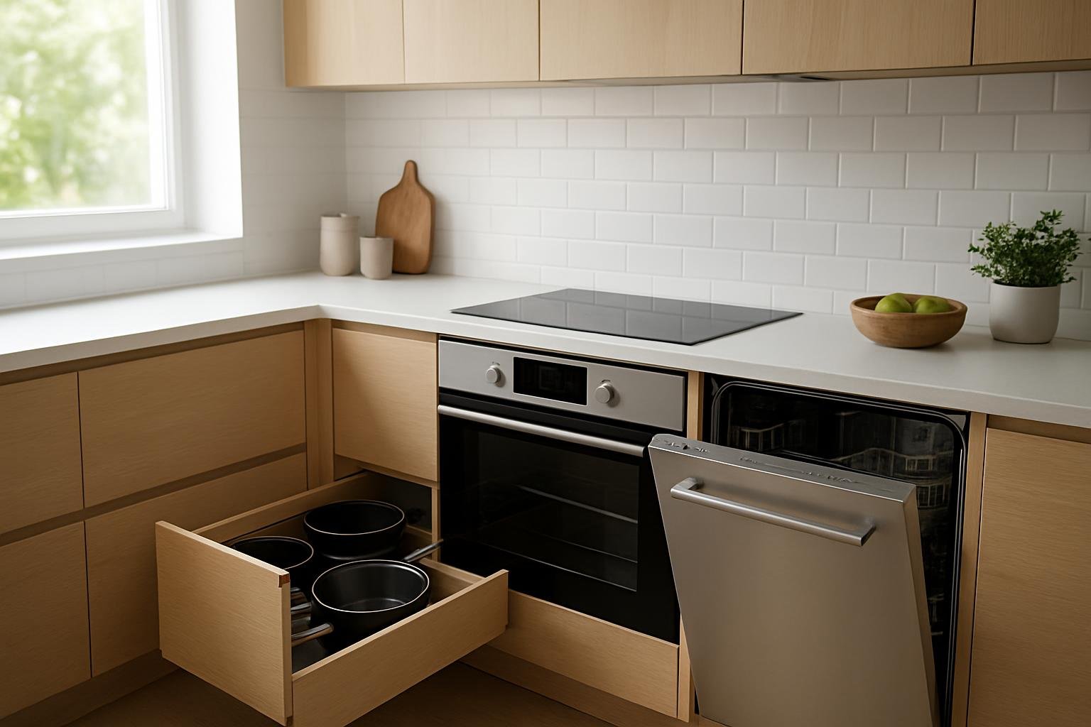 Modern konyha beépíthető gépekkel és rejtett fiókokkal