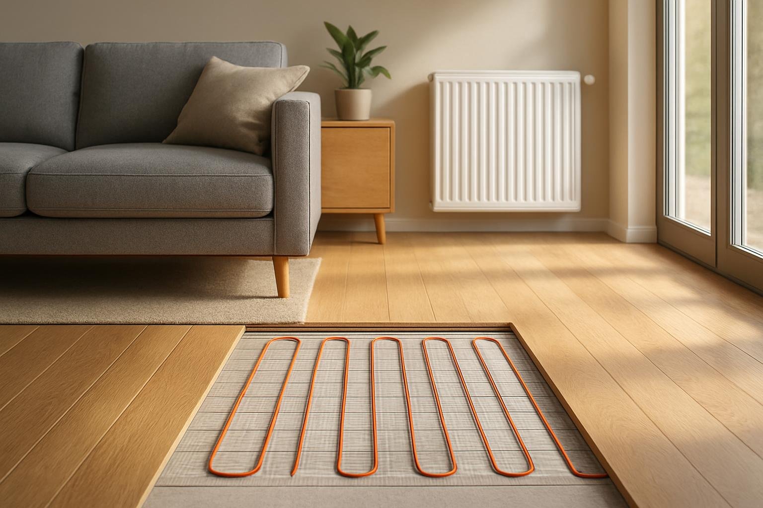 Modern nappali padlófűtéssel és radiátorral