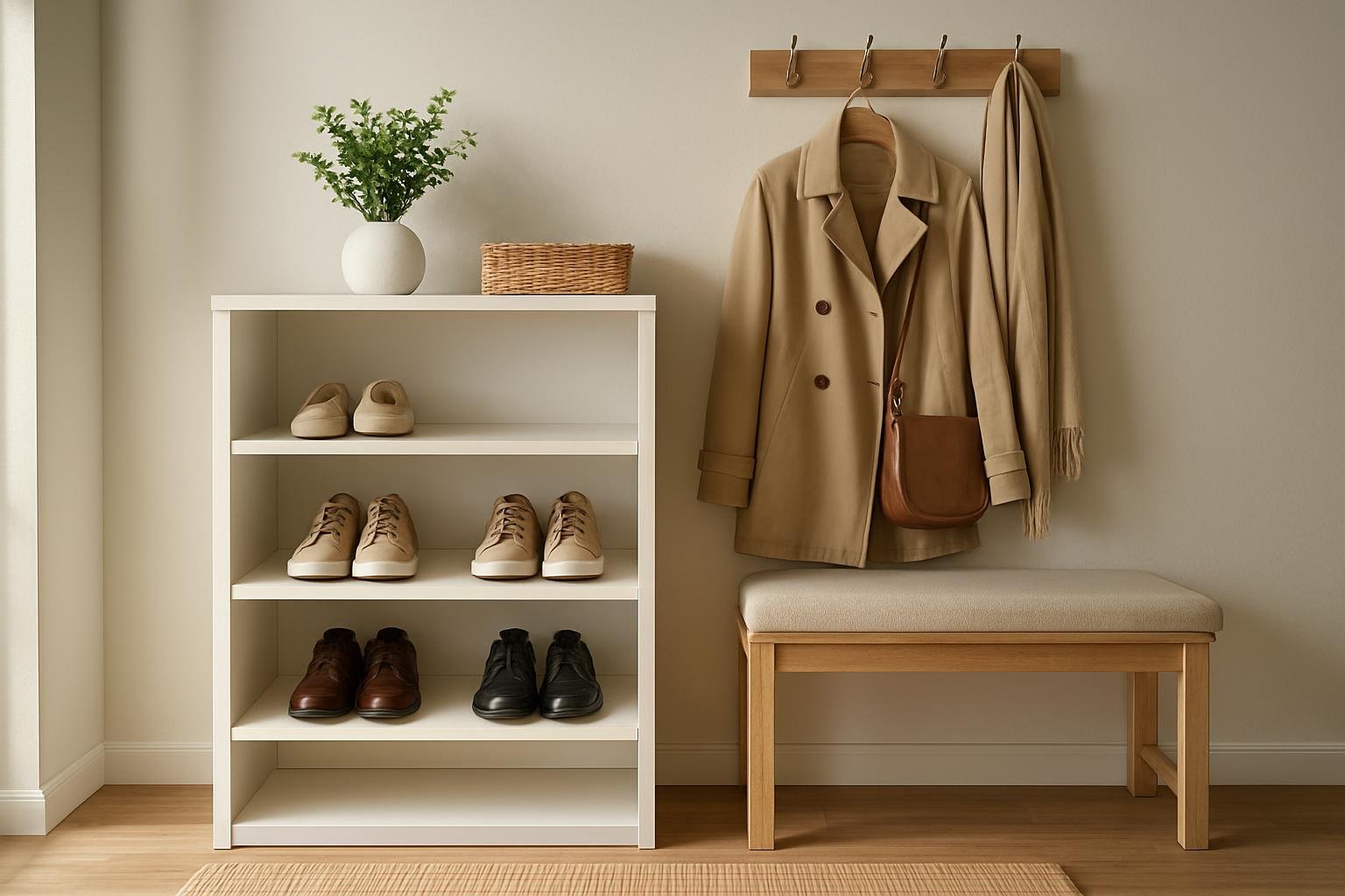 Rendezett előszoba cipőtárolóval és kabáttartóval