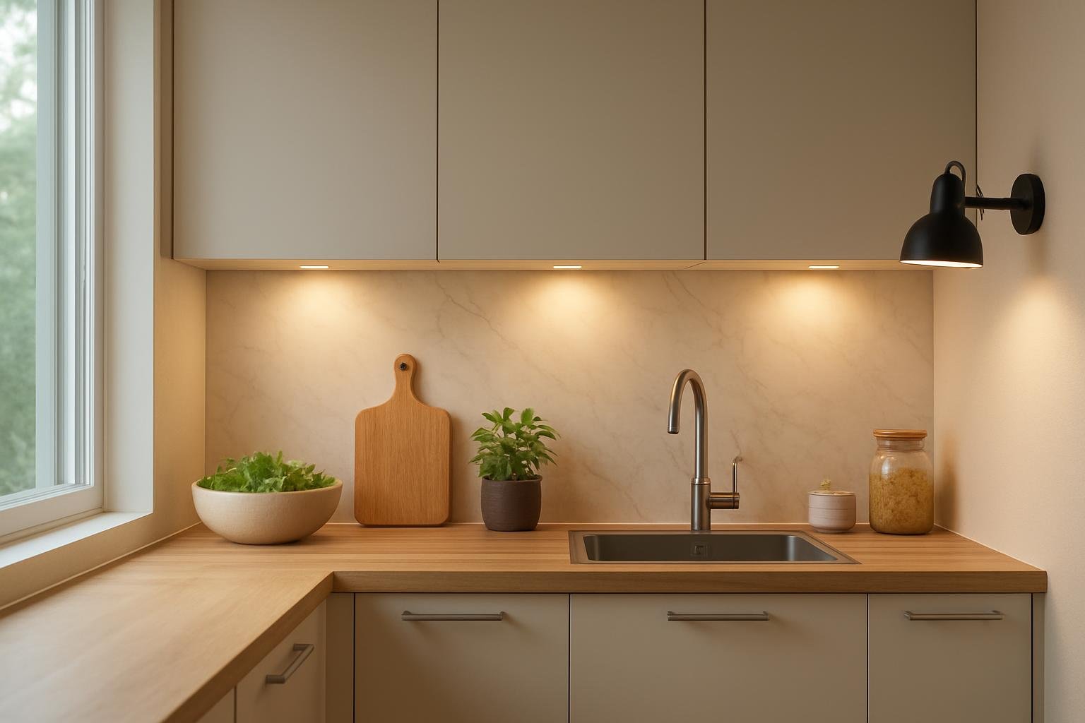 Modern konyhai munkapult világítás levéllel és fűszernövényekkel
