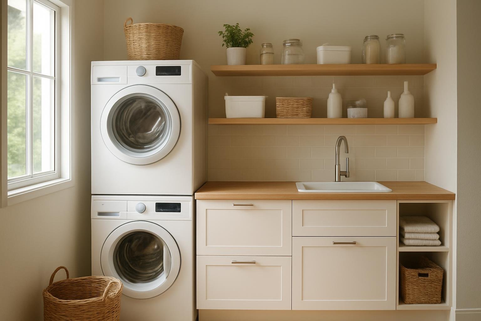 Modern mosókonyha tervezett elrendezéssel és tárolókkal