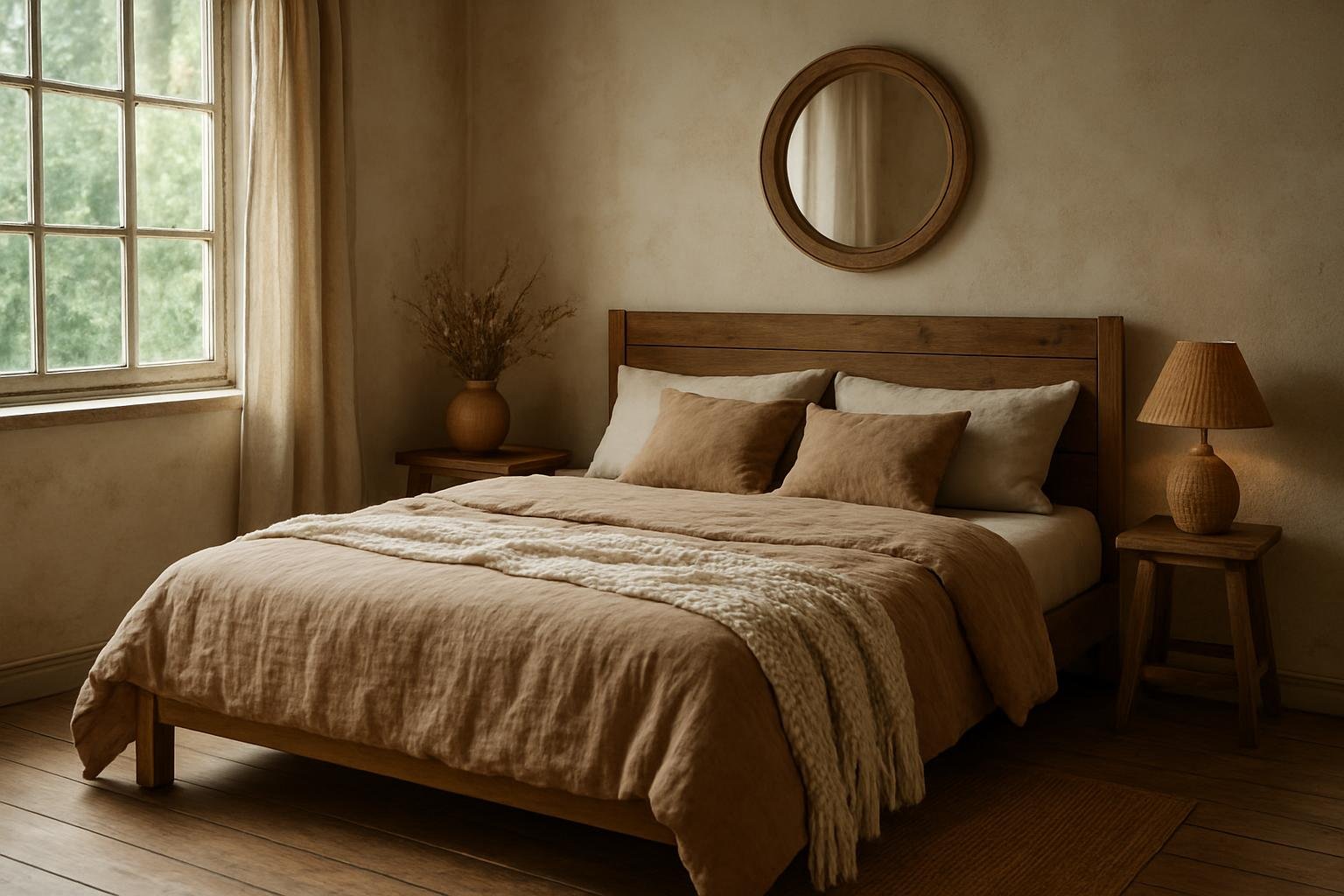 Rusztikus stílusú hálószoba meleg színekkel és természetes anyagokkal.