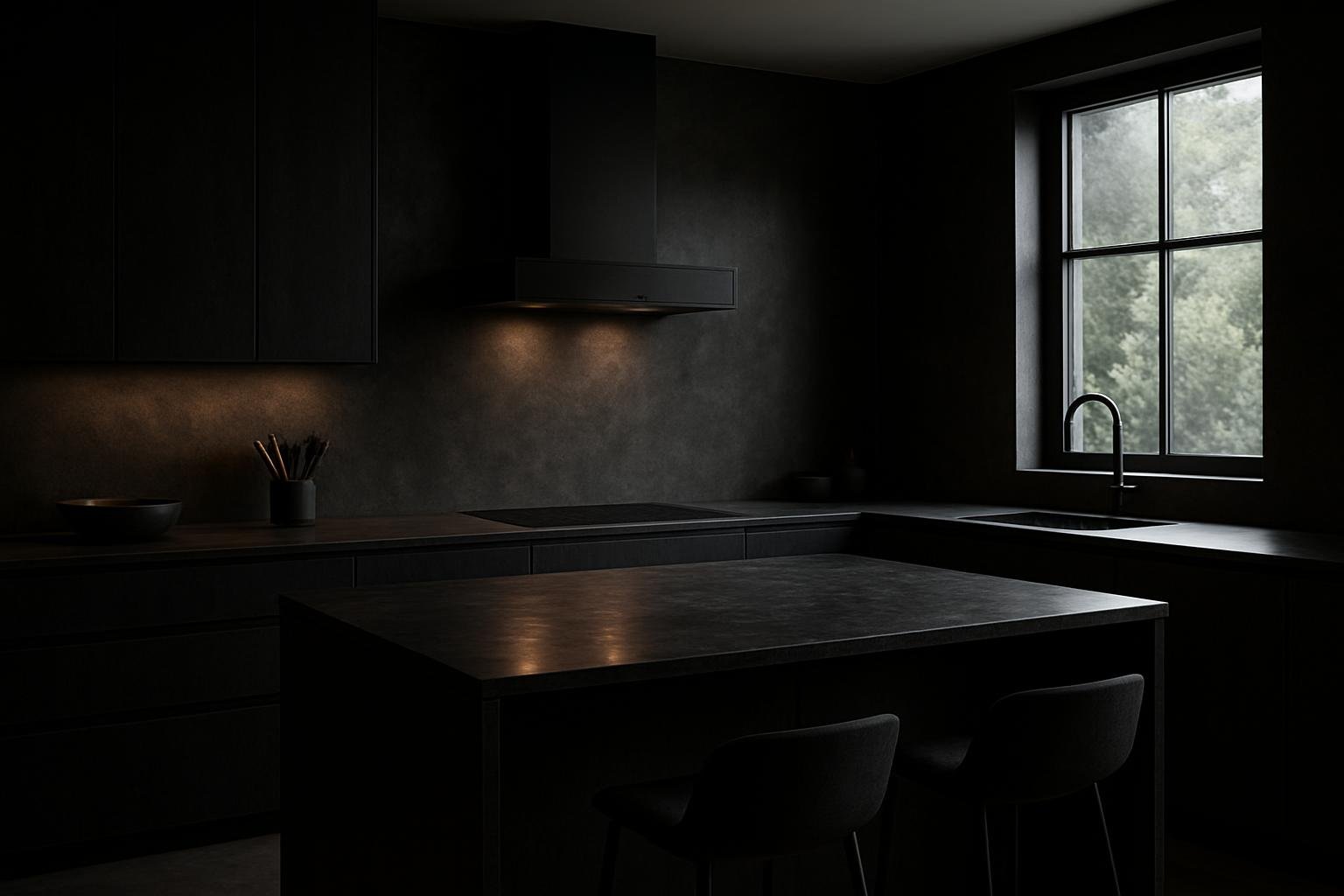 Modern sötét konyha elegáns design elemekkel