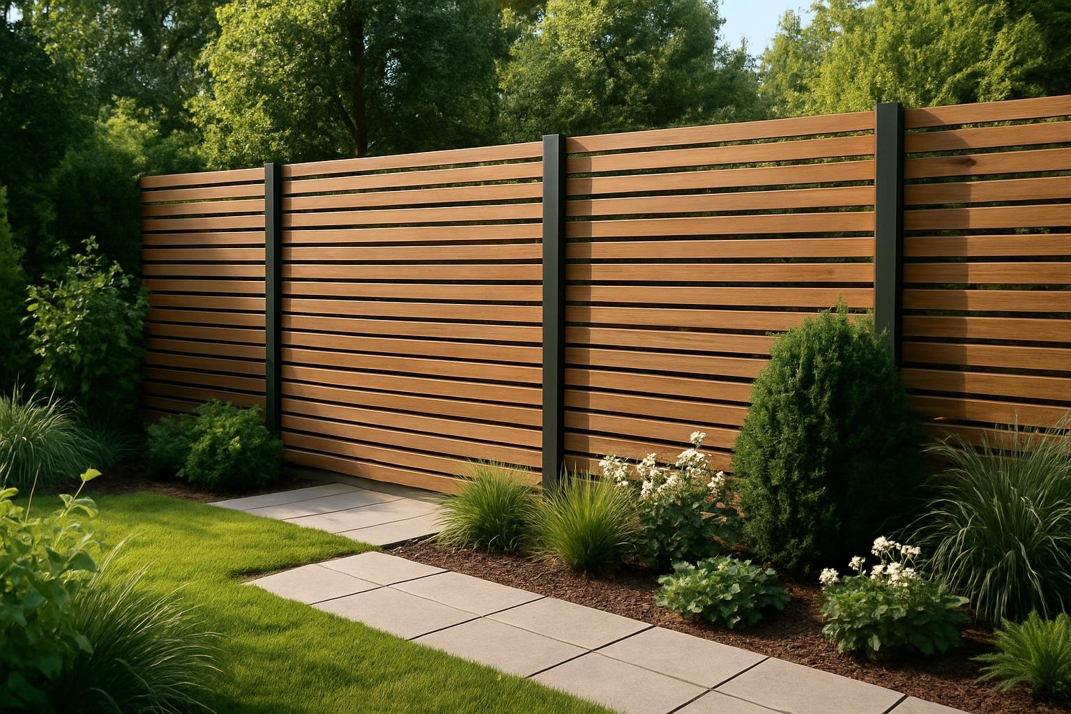 Modern fa kerítés intimebb kert stílusos öltöztetéssel