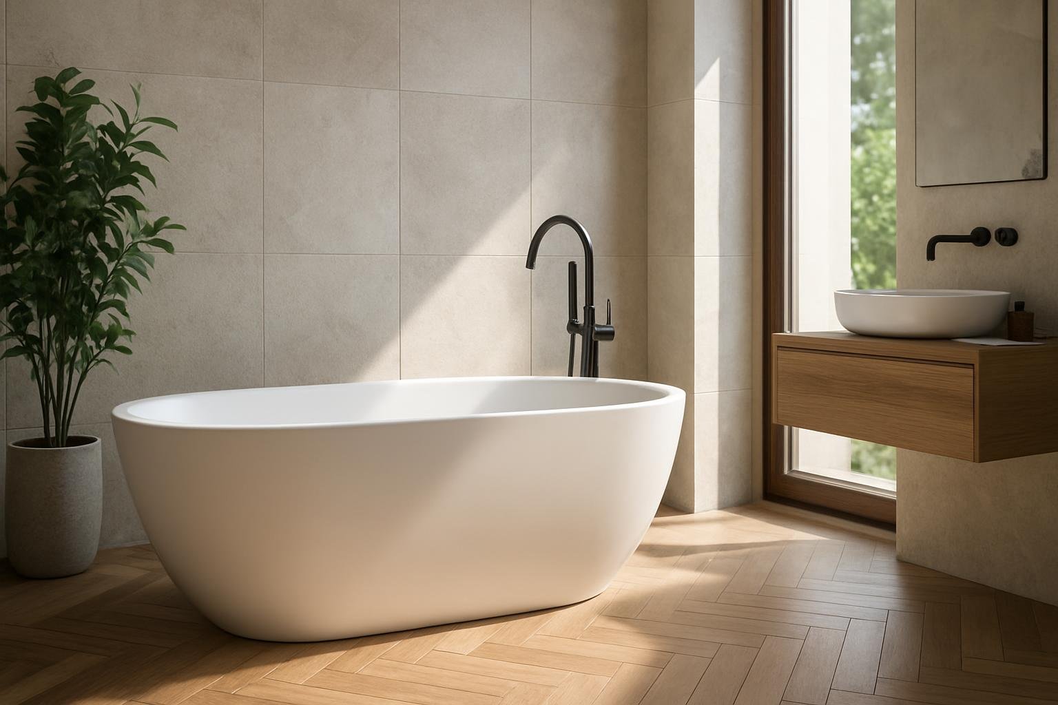 Modern szabadon álló kád luxus fürdőszobában, természetes fényben.