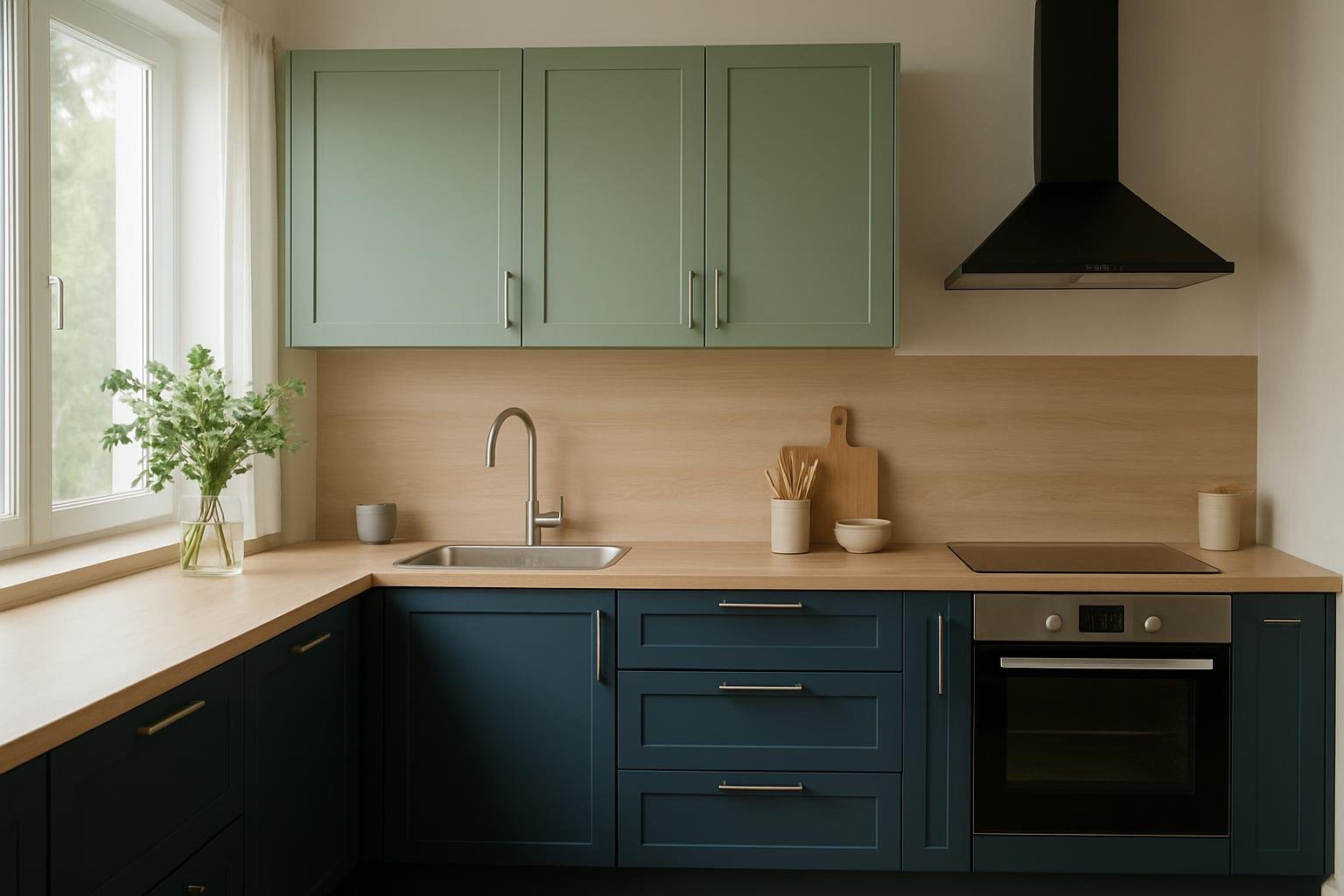Modern konyha zöld és kék bútorokkal, világos faburkolattal.