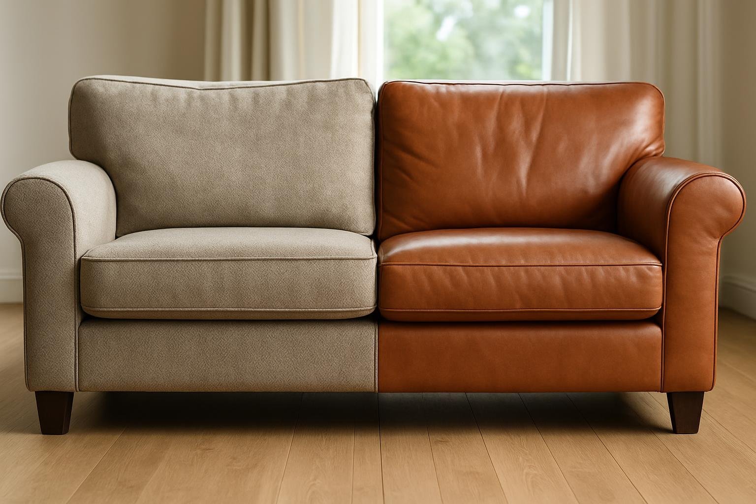 Szövet és bőr kanapé összehasonlítása nappaliban.